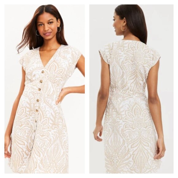 LOFT Dresses & Skirts - LOFT White Tan Paisley Button Down Linen Blend Mini Dress Spring Vacation MI3